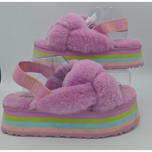 UGG Pink Rainbow Platform Disco Knot Genuine Shearling Slide Slippers US Size 11 - Picture 1 of 9